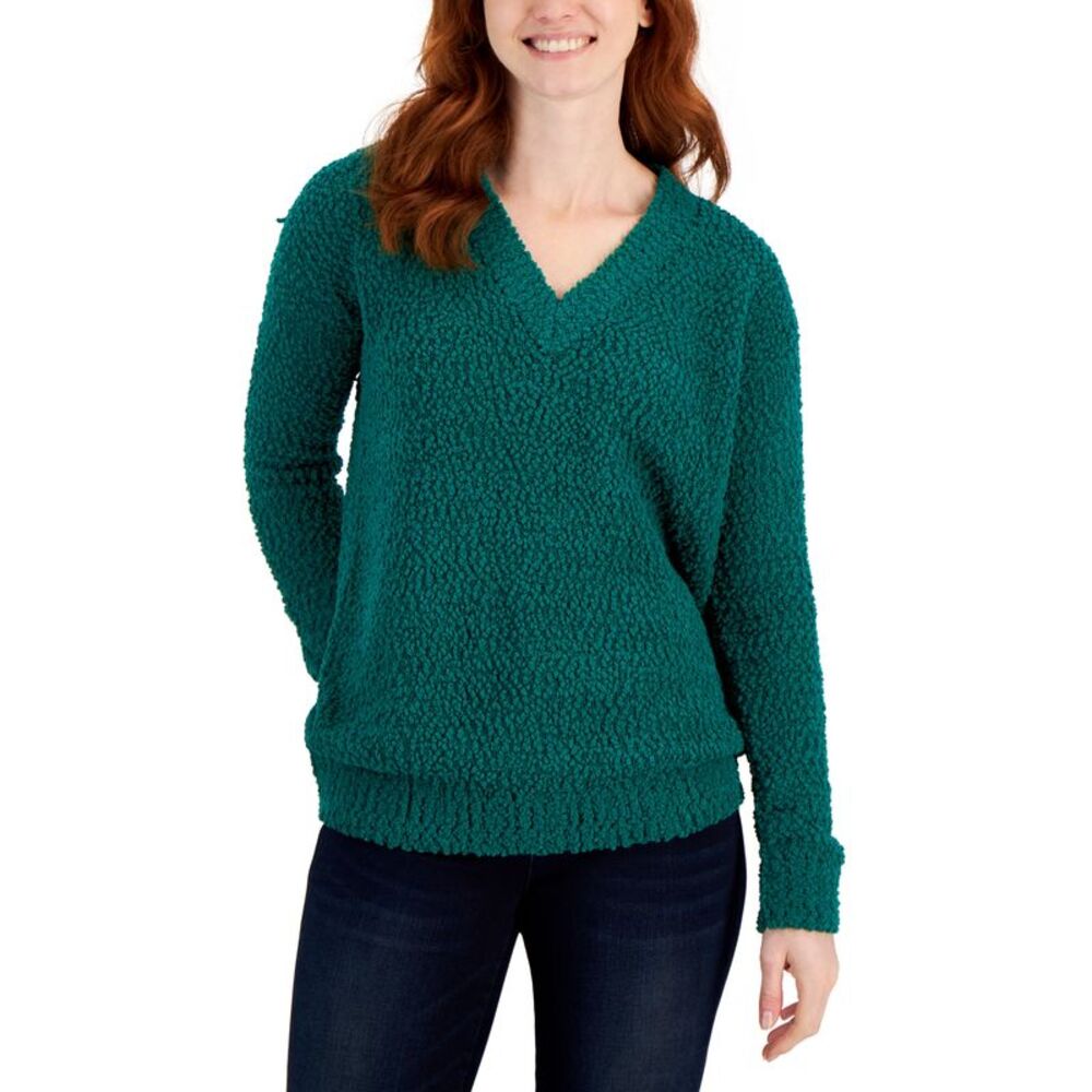 Style & Co Womens Teddy Boucle V Neck Sweater